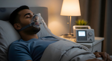 A man sleeps in his bed at night while wearing a CPAP mask connected to a machine on the nightstand. This image represents the treatment for sleep apnea and obstructive breathing disorders.の素材