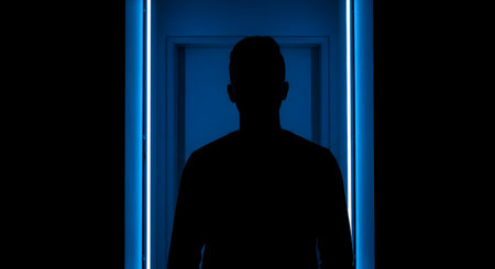 A dark silhouette of a man stands in a doorway, framed by two vertical blue neon light strips. The image is mysterious, anonymous, and has a futuristic or cinematic feel. The person's identity is hidden in shadow.の素材