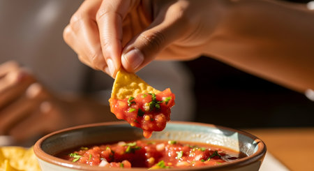 A close-up of a hand dipping a tortilla chip into a bowl of fresh, chunky salsa. The salsa is red with bits of cilantro and onion, representing a delicious Mexican appetizer.の素材