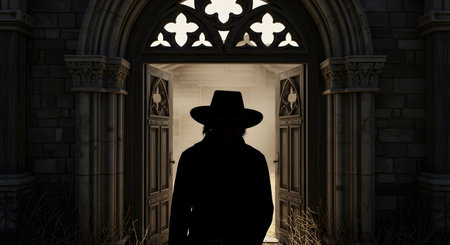 A dark silhouette of a man wearing a cowboy hat stands in the brightly lit doorway of an old, gothic-style stone building. The contrast creates a mysterious and dramatic mood, evoking themes of the old west, mystery, or a video game character.の素材