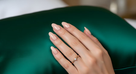 A close-up of an elegant woman's hand with a flawless nude-colored manicure and a delicate gold solitaire diamond ring. The hand is resting gently on a luxurious, dark green satin or silk pillow. This image represents beauty, luxury, engagement, and elegance.の素材