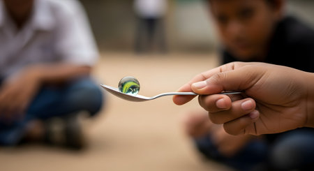 A close-up of a child's hand carefully balancing a glass marble on a spoon during a race. This traditional outdoor game, often played during celebrations, requires focus and steadiness, with other children watching in the background.の素材