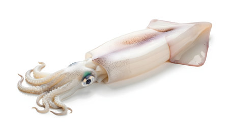 A whole, fresh, raw squid with tentacles and clear eyes, shown isolated on a pure white background. The clean cephalopod is ready for cooking. This image represents fresh seafood and culinary ingredients.の素材