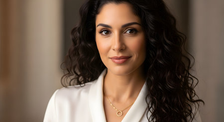A professional headshot portrait of a beautiful, confident woman with long, dark, curly hair and a warm, gentle smile. She is wearing a white blouse and a simple gold necklace, looking directly at the camera with a blurred, neutral background.の素材