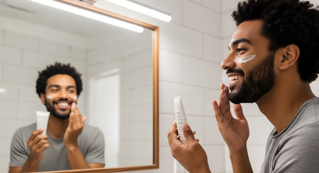 A smiling, handsome Black man with a beard and afro looks at his reflection in a bathroom mirror while applying face cream. He holds a tube of moisturizer and dabs the white lotion on his cheek, practicing a daily skincare routine.の素材