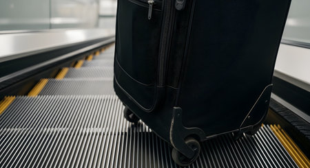 A close-up shot of the lower half of a black rolling suitcase standing on the metal steps of an escalator or travelator. The yellow safety lines of the moving steps are visible. This image represents travel, journey, airport, luggage, and transportation.の素材