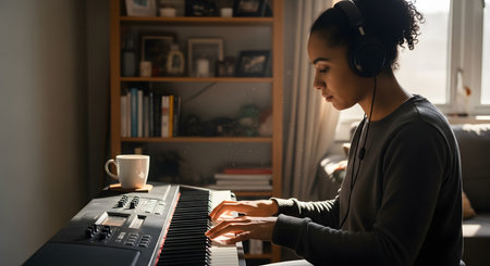 A young Black woman wearing headphones plays a digital piano or keyboard in a cozy, sunlit room. She is focused and practicing, with a mug on a coaster nearby. This image represents learning music, hobbies, and relaxation at home.の素材