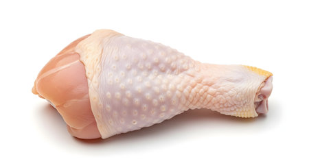 A single, fresh, raw chicken drumstick with skin on, isolated on a clean white background. The poultry meat is ready for cooking, grilling, or frying. This is a common food ingredient.の素材