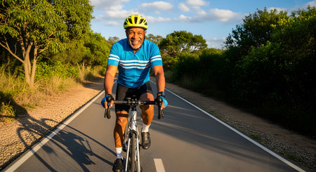 A happy and active senior Black man, wearing a blue cycling jersey and a yellow helmet, smiles at the camera while riding a road bike. He is cycling on a paved path through a sunny, green, natural area.の素材
