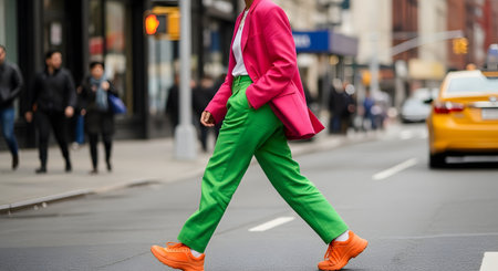 A street style fashion shot of a person walking on a city crosswalk. They are wearing a bold, color-blocked outfit with a bright pink blazer, green trousers, and vibrant orange sneakers, with a blurred city street and taxi in the background.の素材