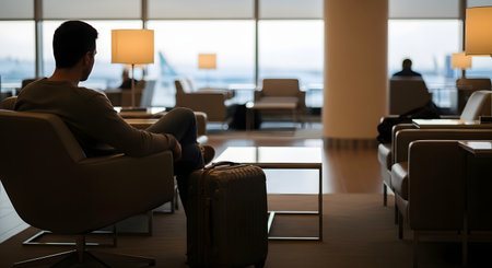 A man sits in a comfortable chair in an airport business lounge, waiting for his flight. His rolling suitcase is next to him, and he is looking out the window at the airplanes on the tarmac. The atmosphere is calm and quiet, representing luxury travel.の素材