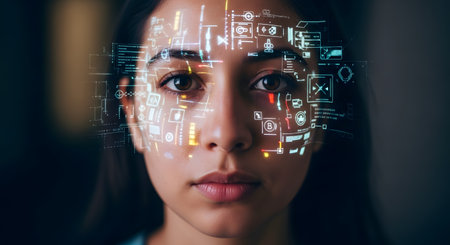 A close-up portrait of a woman's face with a futuristic holographic user interface projected onto her skin. The glowing digital data, icons, and graphs overlay her features as she looks directly at the camera. This image represents concepts like artificial intelligence, data analysis, facial recognition, and augmented reality.の素材