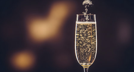 A close-up of a champagne flute filled with bubbly, sparkling wine, with liquid splashing over the rim. The bubbles rise against a dark, elegant, blurred background, evoking celebration, luxury, and special occasions.の素材