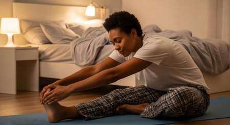 A young woman in plaid pajamas performs a seated forward bend stretch on a yoga mat in her cozy bedroom at night. The scene promotes a healthy routine, relaxation, and wellness before bed or after waking up.の素材