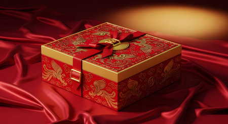 An ornate and luxurious red and gold gift box sits on a draped red silk cloth. The box is decorated with golden phoenix patterns and a red ribbon, symbolizing luck, prosperity, and celebration for Chinese New Year or a wedding.の素材