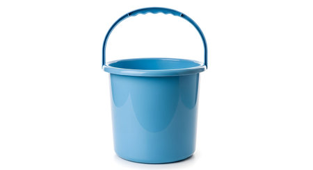 A studio shot of a simple, light blue plastic bucket with a matching plastic handle, isolated on a clean white background. The common household item is empty and standing upright.の素材