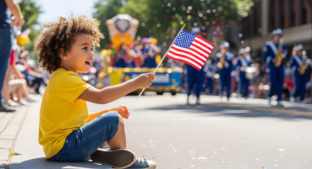 A joyful young child with curly hair sits on a sidewalk curb, smiling brightly while waving a small American flag. In the blurred background, a parade with a marching band proceeds down the street on a sunny day. The image captures the spirit of patriotism, celebration, and childhood joy during a national holiday like the 4th of July.の素材