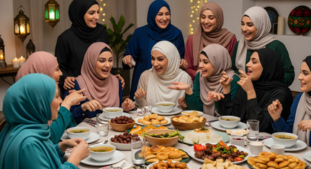 A happy group of diverse Muslim women wearing hijabs are gathered around a table for a festive meal. They are smiling, laughing, and engaging in lively conversation while enjoying a variety of dishes, including soup, pastries, and rice. The warm, joyful atmosphere suggests a celebration, social gathering, or an Iftar dinner during Ramadan.の素材