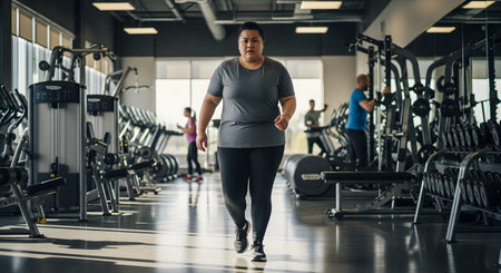 A focused and determined woman in a grey t-shirt and black leggings walks through a spacious, modern gym. She is surrounded by a wide array of fitness equipment, including weight machines and treadmills. Other people are visible working out in the background, representing a journey of health, fitness, and determination.の素材