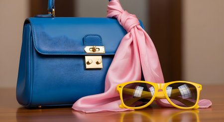 A stylish set of fashion accessories sits on a reflective wooden table. A classic blue leather handbag with a gold clasp is adorned with a pink silk scarf, next to a pair of bright yellow sunglasses. The composition represents fashion, style, and personal accessories.の素材