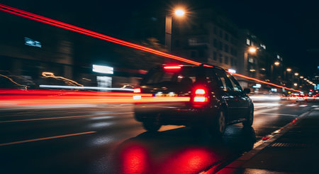 A long exposure photograph captures the motion of a dark SUV on a city street at night. Bright red and white light trails from car taillights and headlights streak across the frame. The street is wet, reflecting the car's brake lights and the illuminated city buildings in the background.の素材