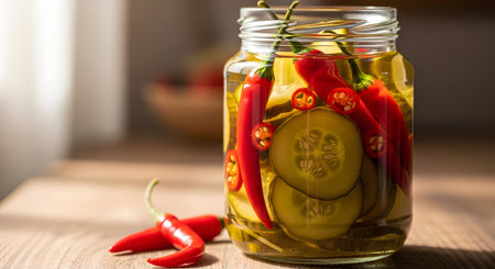 A glass jar filled with homemade pickled cucumbers and whole red chili peppers in a clear brine, sitting on a wooden table. The vibrant colors of the vegetables are visible through the glass, suggesting preserved, fermented, or spicy food.の素材