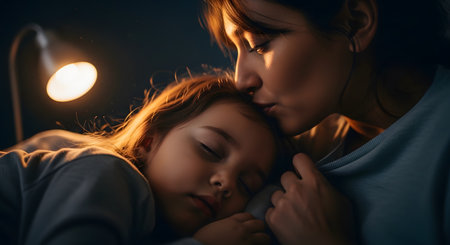 A tender moment as a loving mother kisses her sleeping child on the forehead in a dimly lit room. The child is fast asleep, and the scene is warmly lit by a bedside lamp, conveying love, safety, and comfort.の素材