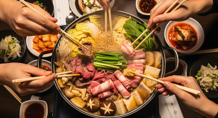 A top-down view of several hands using chopsticks to eat from a large, bubbling Korean hot pot (Jeongol). The pot is filled with meat, tofu, noodles, and vegetables, surrounded by small side dishes like kimchi.の素材