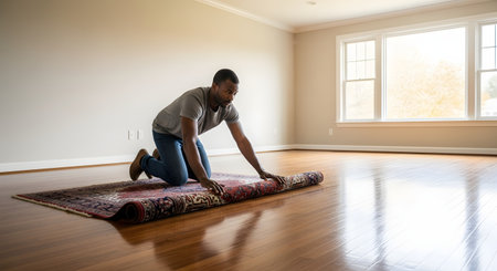 A man kneels on a polished hardwood floor in an empty room, carefully unrolling a large, ornate Persian-style rug. Sunlight streams in from a large window, illuminating the space, suggesting moving day, new beginnings, or home decorating.の素材
