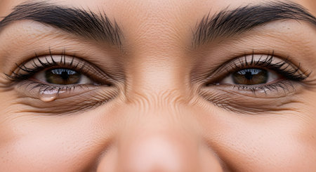 An extreme close-up of a woman's eyes, which are crinkled at the corners from smiling or laughing. A single teardrop is visible in the corner of her right eye, suggesting tears of joy or overwhelming emotion.の素材