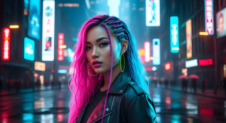 A portrait of a stylish woman with vibrant pink and blue braided hair in a futuristic, neon-lit city at night. The city street is wet, reflecting the colorful lights, creating a cyberpunk aesthetic.の素材
