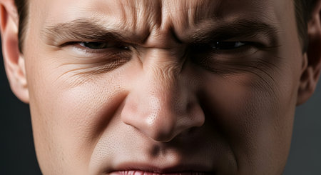 An extreme close-up of a man's face, showing intense anger or disgust. He is frowning deeply, his brow furrowed, nose wrinkled, and eyes narrowed in a powerful scowl, highlighting every line and wrinkle.の素材