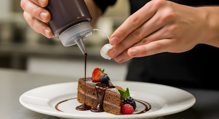 A close-up of a chef's hands pouring rich chocolate sauce from a squeeze bottle onto a slice of layer cake. The dessert is elegantly plated with fresh berries (strawberry, blueberry, blackberry) and mint on a white plate in a restaurant kitchen.の素材