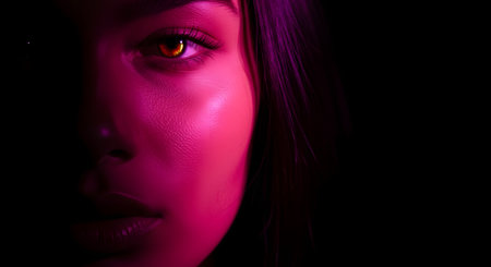 A dramatic close-up of a woman's face, partially obscured by shadow and illuminated by intense pink or magenta neon light. Her eye is a striking golden or orange color, glowing in the dark. This image conveys a sense of mystery, allure, cyberpunk, or futuristic beauty.の素材