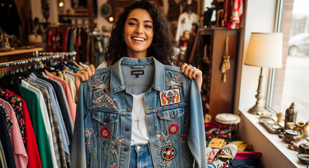 A smiling, happy woman with dark curly hair holds up a blue denim jacket with colorful embroidery and patches. She is standing in a brightly lit vintage clothing or thrift store, surrounded by racks of clothes.の素材