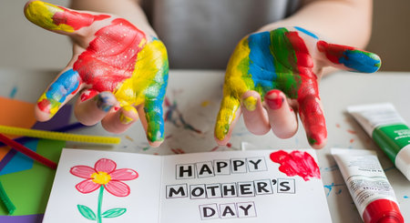 A child's hands are covered in colorful non-toxic paint (red, yellow, blue, green) held up over a handmade 'Happy Mother's Day' card. The card has a drawing of a flower. Art supplies like paint tubes and pipe cleaners are on the table.の素材