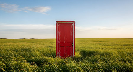 A surreal, conceptual image of a standalone, weathered red door in the middle of a vast, open field of tall green grass. The sky is blue with light clouds at sunset. This image represents opportunity, mystery, a portal, or a new beginning.の素材