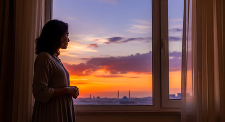 A silhouette of a woman standing by a large window, looking out at a dramatic and colorful sunset over a city skyline. The sky is a mix of orange, pink, and purple, and mosque domes are visible in the distance. The mood is contemplative and peaceful.の素材
