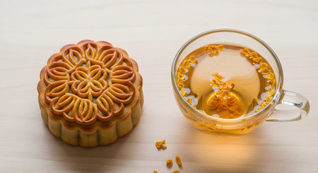 A traditional Chinese mooncake with an intricate pattern on top, placed on a light wooden table next to a clear glass cup of osmanthus flower tea. This image represents the Mid-Autumn Festival, tradition, and dessert.の素材