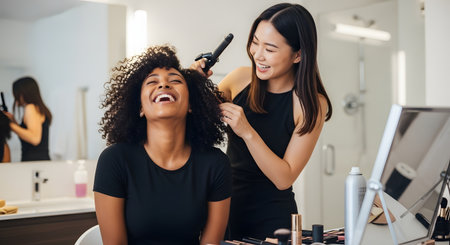 An Asian woman is happily styling the curly hair of her laughing friend with a curling iron in a modern bathroom. They are both dressed in black and enjoying a moment of friendship and beauty preparation.の素材