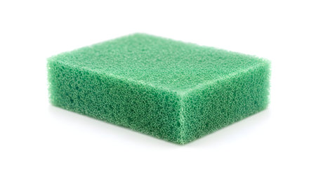 A single, rectangular green kitchen sponge with a porous texture, isolated on a clean white background. The sponge is new and dry, used for washing dishes and household cleaning.の素材