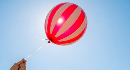 A person's hand holds the string of a red and white striped balloon against a clear, bright blue sky. The sun shines brightly from behind the balloon, creating a sense of celebration, freedom, and joy.の素材