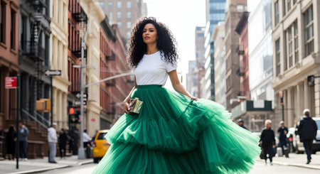 A stylish woman with voluminous curly hair wears a white t-shirt and a dramatic, flowing green tulle skirt on a New York City street. She holds a clutch purse and walks confidently, showcasing a high-fashion, street-style look. The blurred background shows city buildings, a yellow cab, and pedestrians.の素材