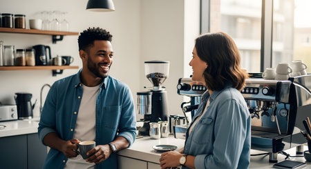 A happy man and woman are talking and smiling in a modern kitchen. The man holds a coffee mug, and they stand near a counter with an espresso machine, enjoying a casual conversation.の素材