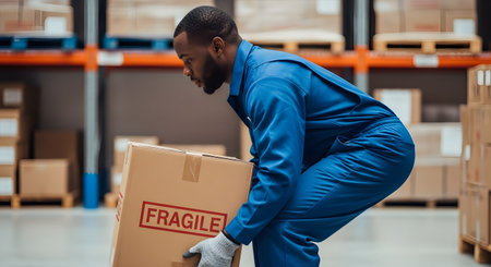 A male warehouse worker in blue overalls and gloves is shown bending his knees to properly lift a heavy cardboard box marked 'FRAGILE' in red letters. He is working in a large, well-stocked warehouse.の素材