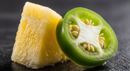 A close-up macro shot of a juicy yellow pineapple chunk next to a freshly sliced green jalapeno pepper. The image highlights the contrast in color and texture, representing a sweet and spicy flavor combination.の素材