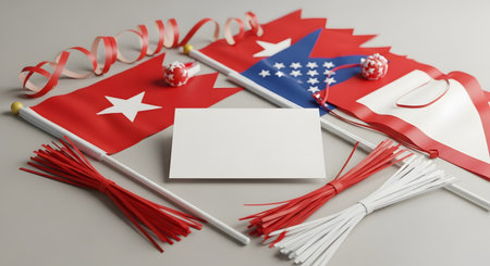 A collection of patriotic items, including small flags of Turkey and a US-style flag, are arranged on a grey background with red streamers. A blank white card sits in the center, providing a mockup template for an invitation or message.の素材