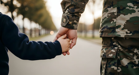 A close-up, rear-view shot of a soldier in camouflage uniform holding the hand of a small child. They are walking down a tree-lined road, symbolizing family, homecoming, deployment, or the bond between a military parent and their child.の素材