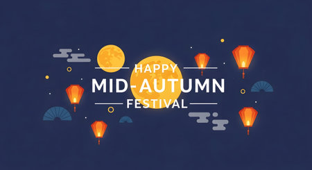 A flat design graphic celebrating the 'Happy Mid-Autumn Festival'. The design features a large full moon, smaller moons, traditional lanterns, and clouds on a dark blue background, representing the Asian holiday.の素材