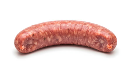 A single, thick raw pork or beef sausage, curved in a U-shape, is isolated on a clean white background. The sausage casing is filled with fresh, pink-colored ground meat and spices, ready for cooking.の素材